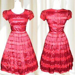 Vintage 1950s Red Satin Stripe Cocktail Party Dress Full Skirt 24" Waist